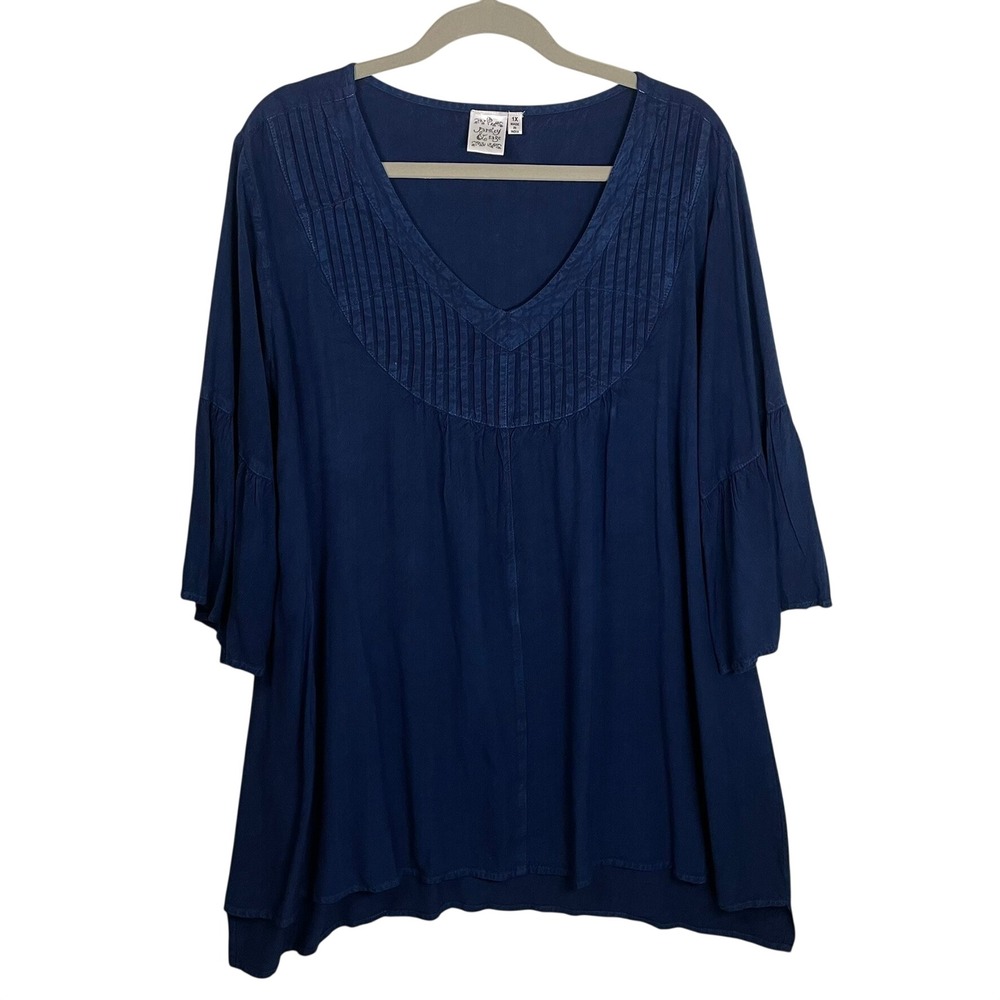 Parsley & Sage Womens 1X Navy Blue Pintuck‎ V-Neck Bell Sleeve Rayon Tunic Top